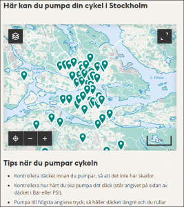 Kartbild över Stockholms stad med punkter som pekar ut cykelpumpar.